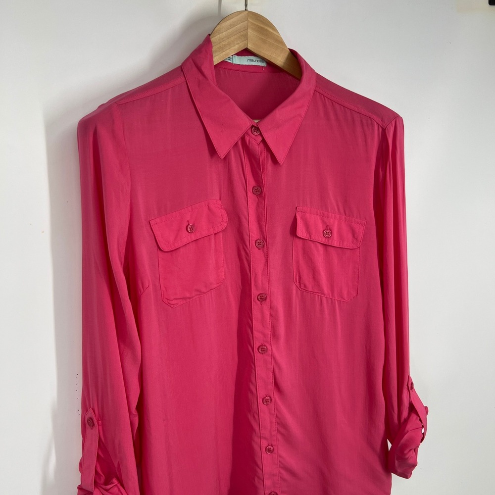 Maurices Womens Hot Pink Roll Tab Sleeve Utility Button Down Shirt Large - Picture 3 of 8
